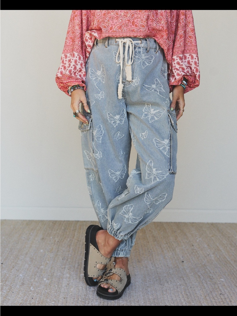 POL Light Blue Butterfly Embroidered Cargo Boyfriend Jeans